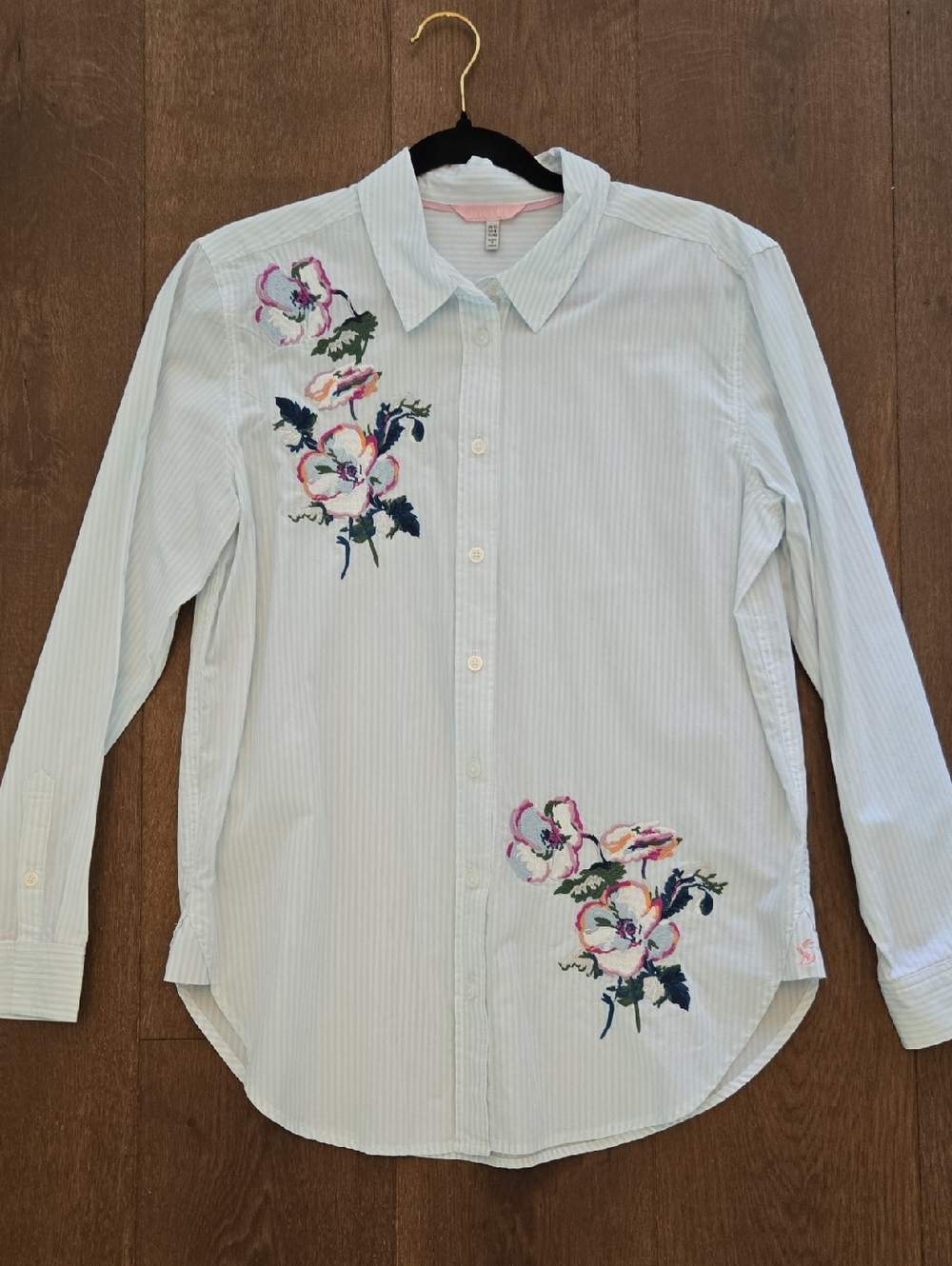 Joules Light Blue Striped Button-Down Shirt with Floral Embroidery